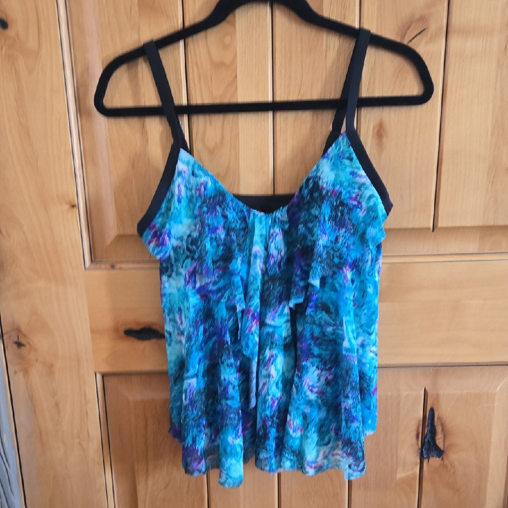 Mazu Swimwear, Aqua/Amethyst print, Draped mesh Tankini Swim Top